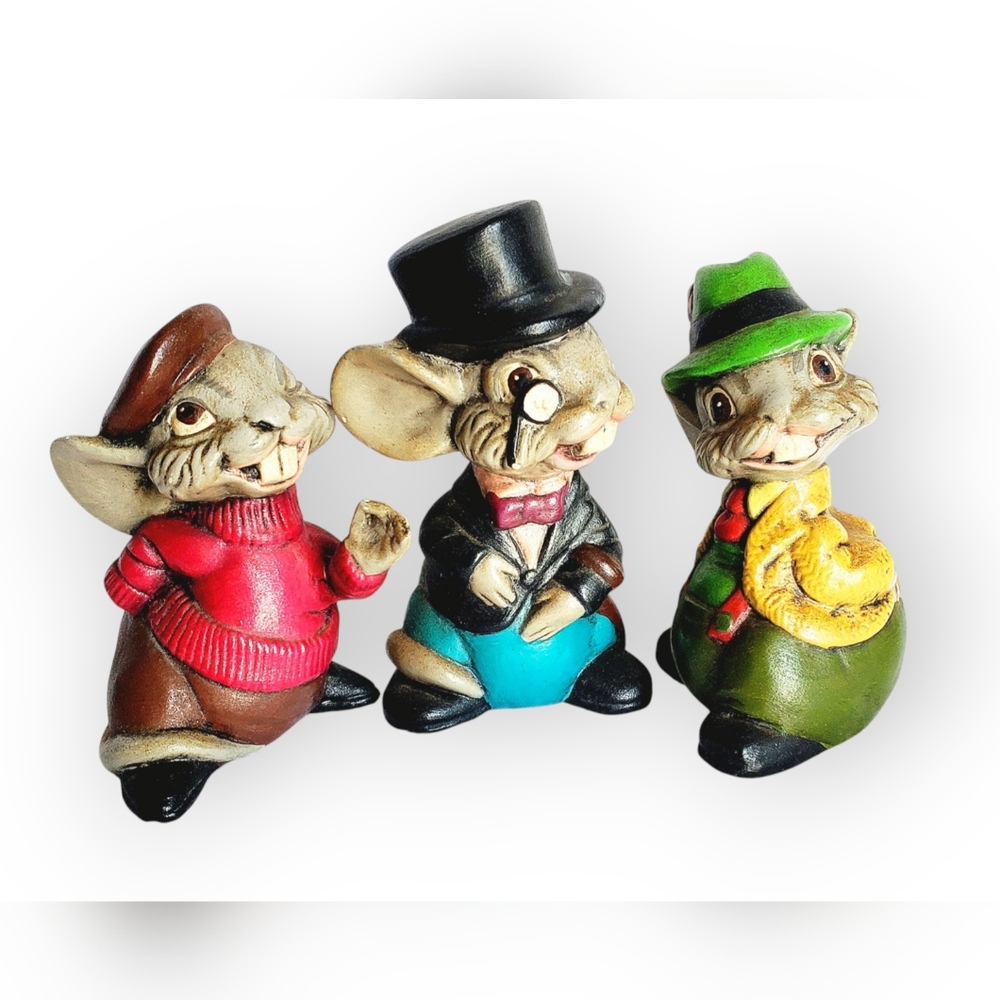 Vintage Ceramic Mice Mouse Figurine Trio Hand Painted Monocle Anthropomo…